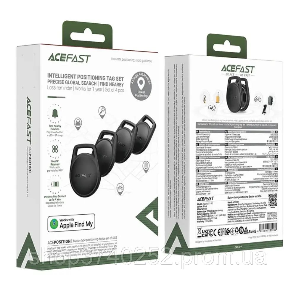 Bluetooth-трекер ACEFAST [S2] Intelligent Positioning Tag [4Pack] (Black)
